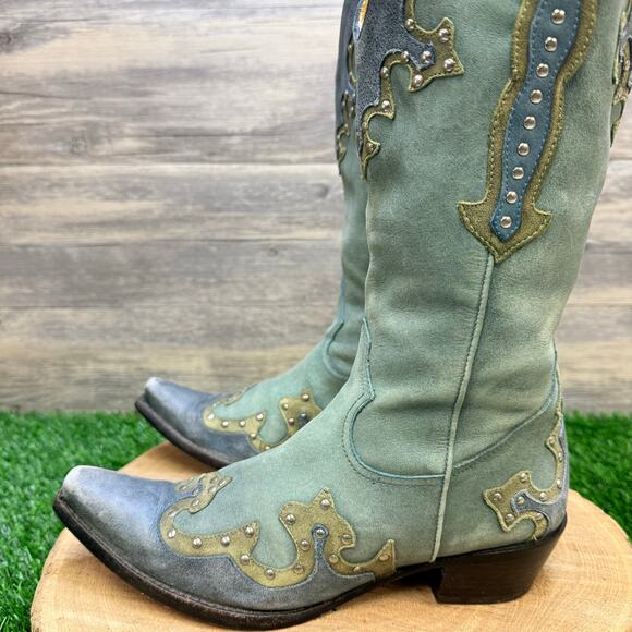 Gianni Bini Women - Size 7.5M - Blue/Green Suede Studded Snip Toe Cowboy Boots - Picture 7 of 12